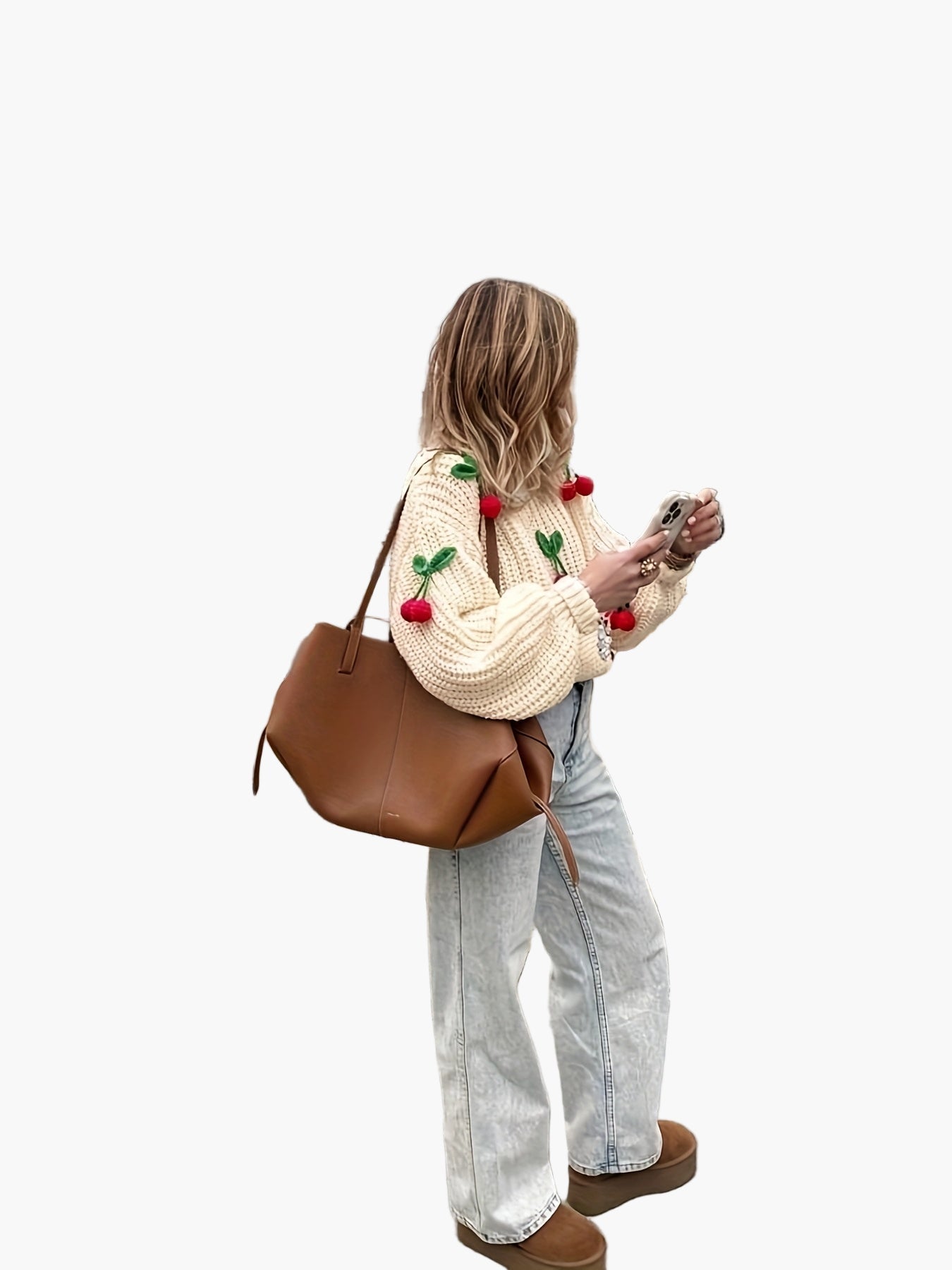 Sudadera para mujer estilo casual con cerezas bordadas, mangas largas, ideal para otoño-invierno