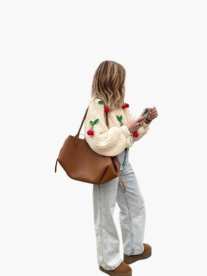 Sudadera para mujer estilo casual con cerezas bordadas, mangas largas, ideal para otoño-invierno