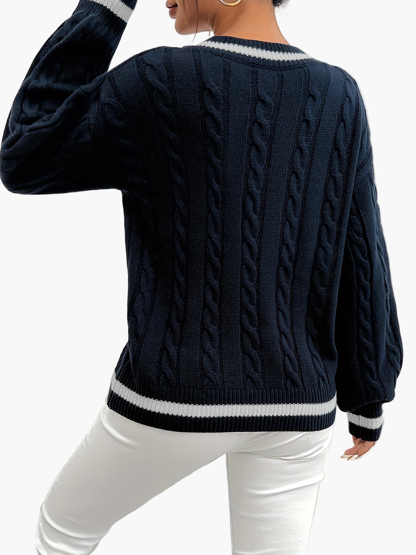Maglione elegante a trecce con scollo a V da donna stile universitario autunno inverno