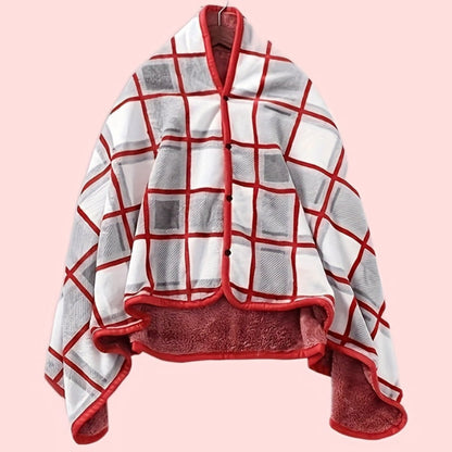 Women's Plaid Snap Button Fleece Lined Poncho Cape