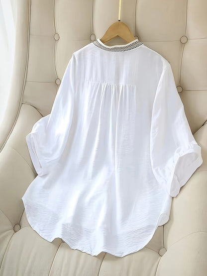 Elegant women's blouse with 3/4 sleeves, boho chic style, embroidered for spring and summer