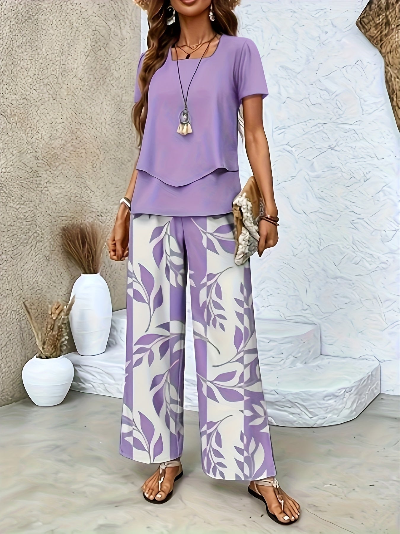 Ensemble élégant pour femme à manches courtes style décontracté chic avec pantalon large imprimé floral