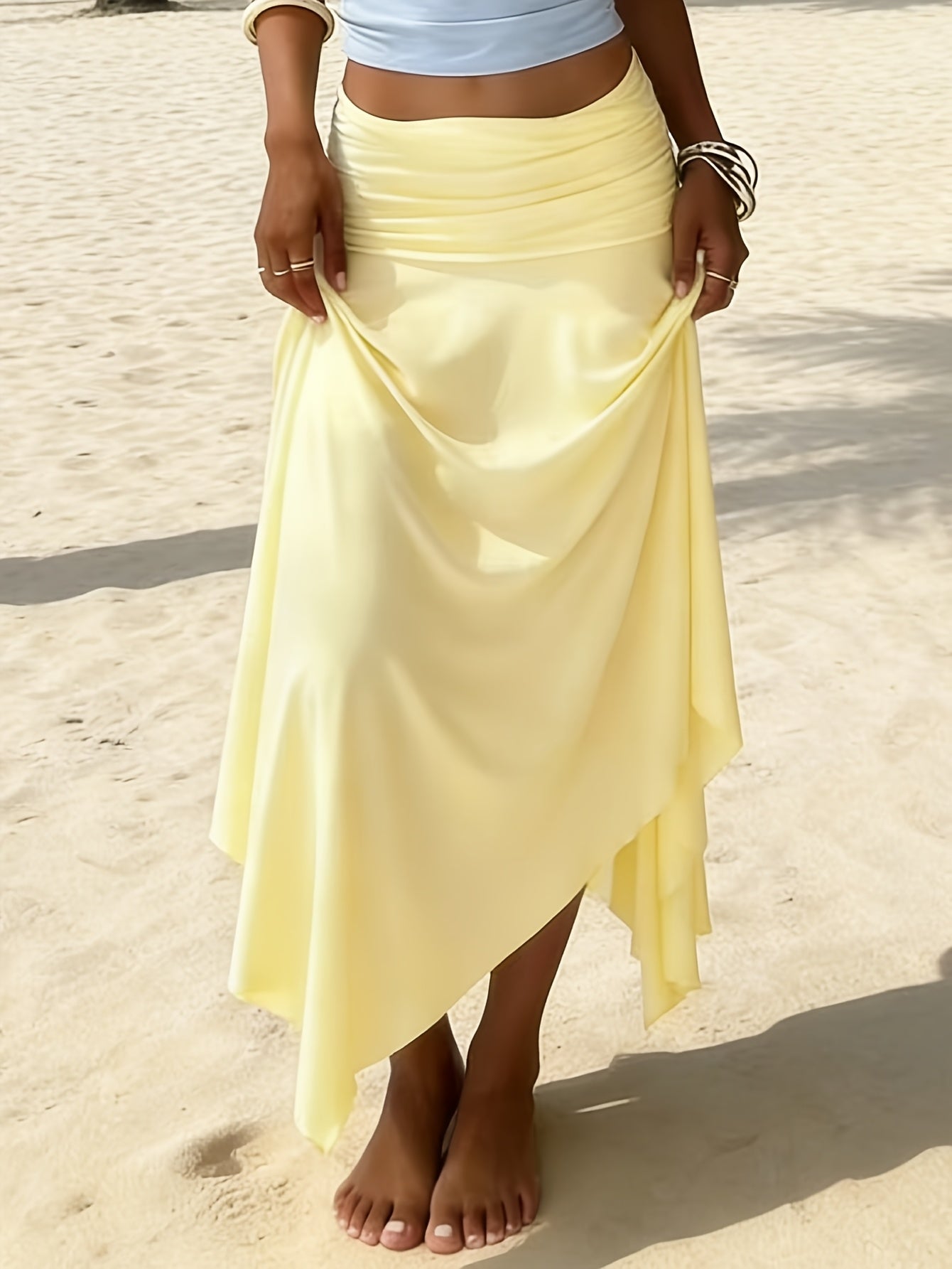 Falda larga de playa para mujer estilo bohemio con cintura fruncida y dobladillo asimétrico - Ideal para vacaciones y la costa