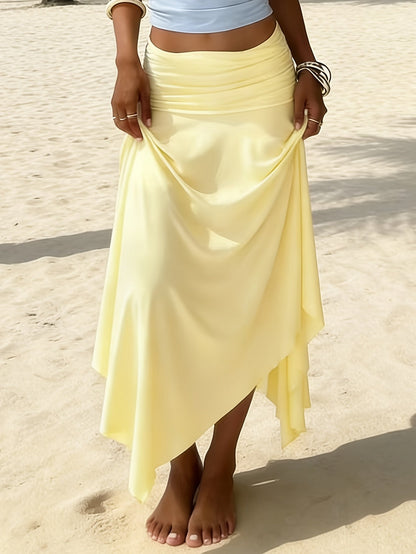 Falda larga de playa para mujer estilo bohemio con cintura fruncida y dobladillo asimétrico - Ideal para vacaciones y la costa
