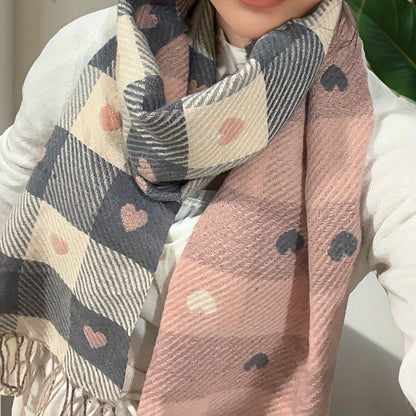 Écharpe à Carreaux et Cœurs Douce avec Franges pour Femme