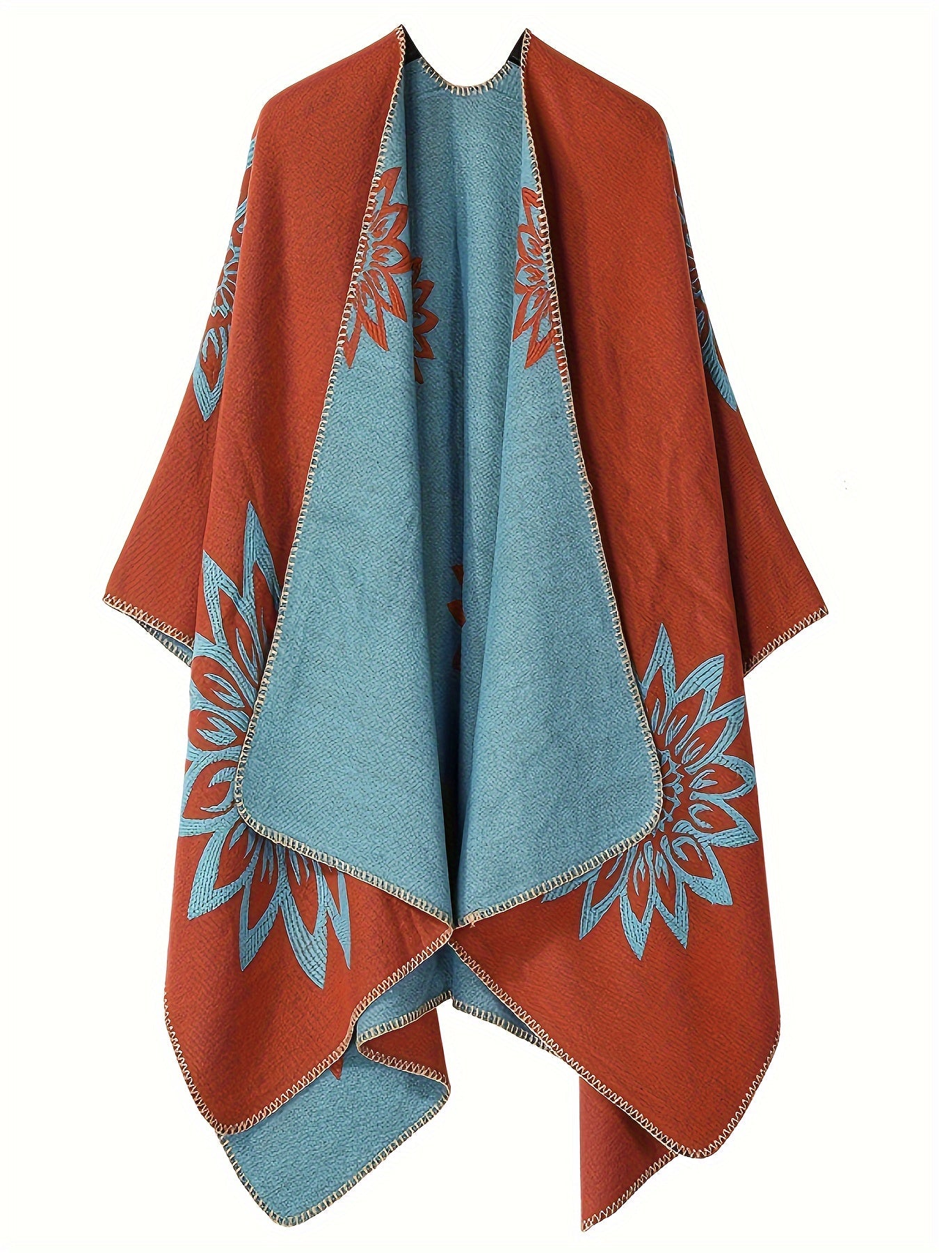 Poncho Réversible Femme Noir Motifs Floraux Blancs et Gris