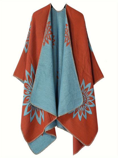 Poncho Réversible Femme Noir Motifs Floraux Blancs et Gris