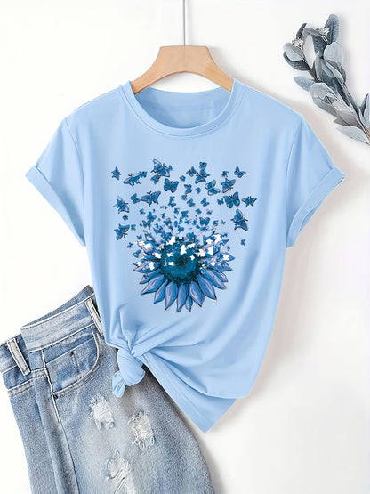 T-shirt femme style casual motif tournesol et papillons, imprimé tendance pour le printemps-été