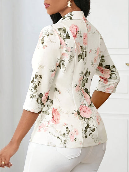 Blazer Femme Élégant à Imprimé Floral, Style Printemps Automne, Manches Trois-Quarts, Idéal pour Bureau et Sorties