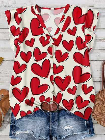 Women's casual blouse with heart print, summer style, V-neck, buttoned