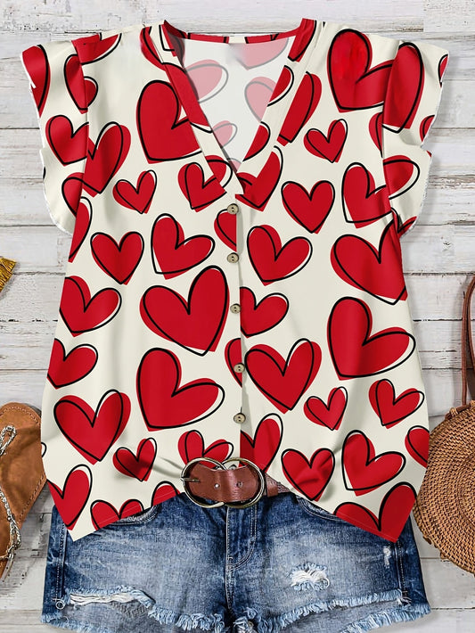Women's casual blouse with heart print, summer style, V-neck, buttoned