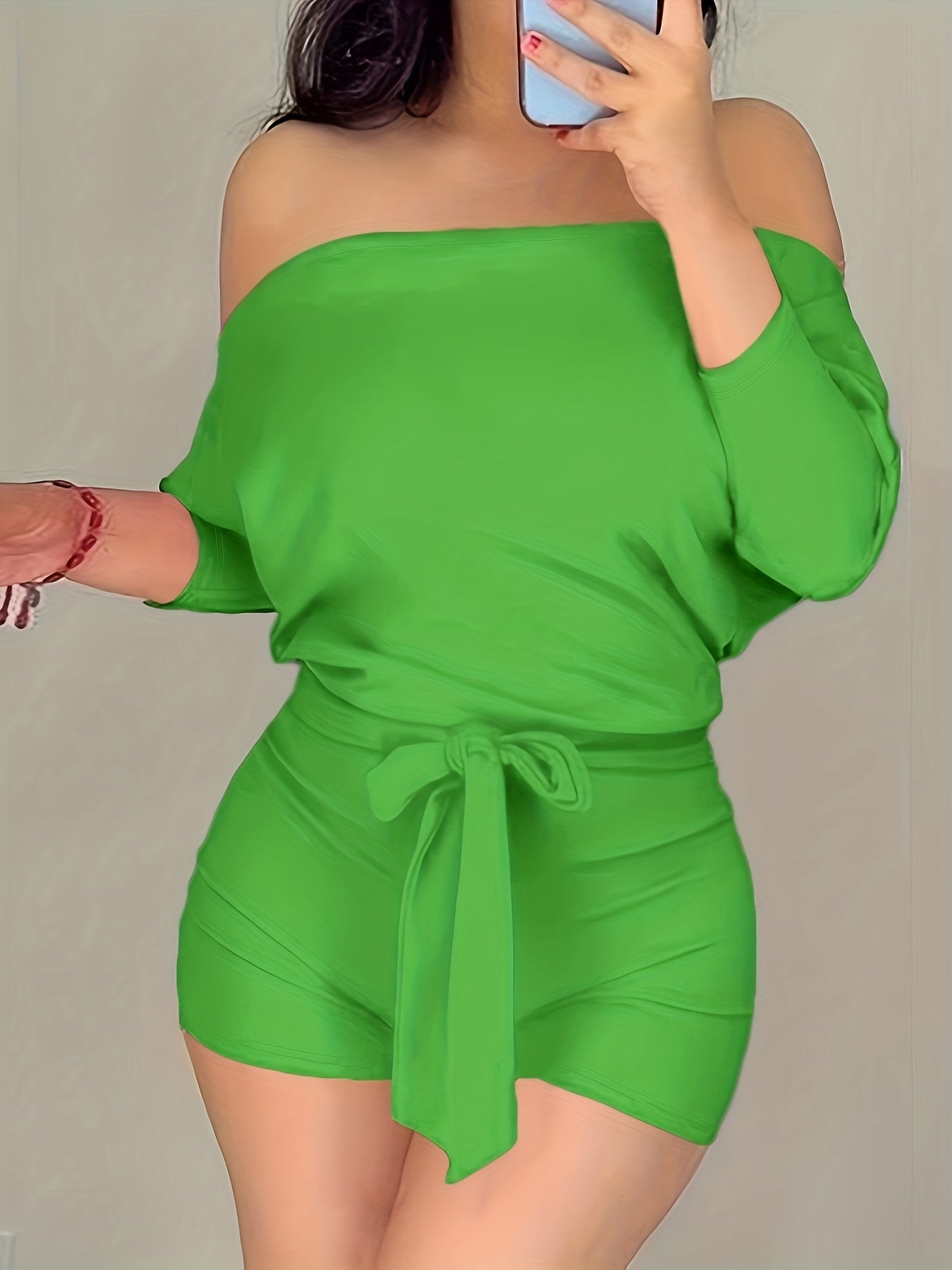 Combinaison Short Décontractée Femme Style Bardot à Manches Longues pour Été