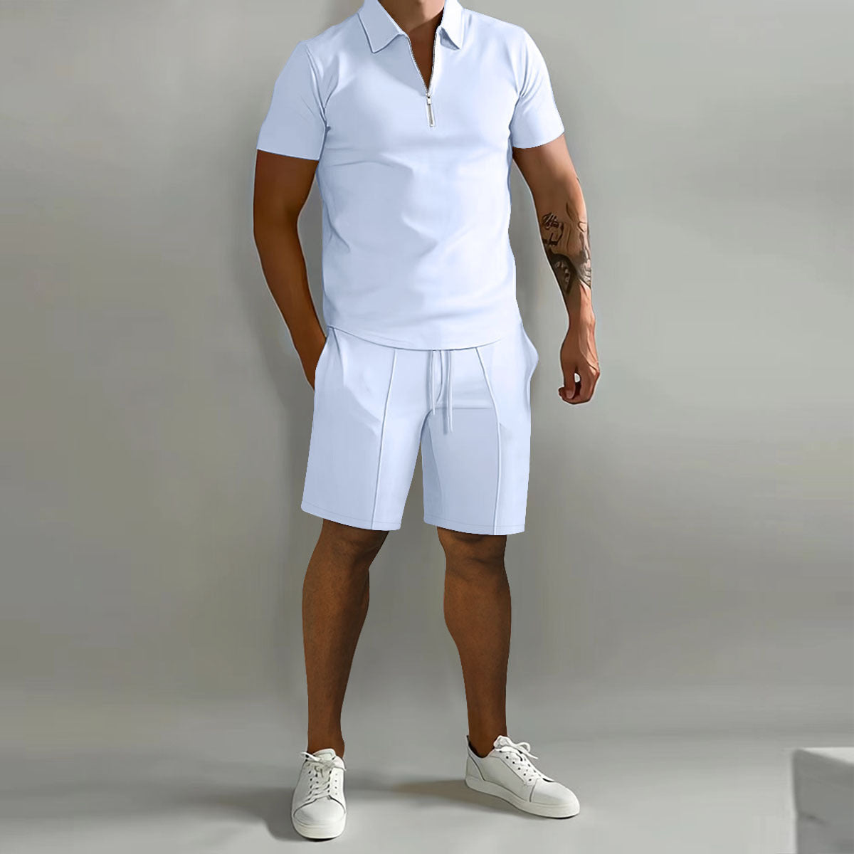 Ensemble décontracté pour homme à manches courtes avec fermeture éclair, idéal pour l'été, style moderne et confortable