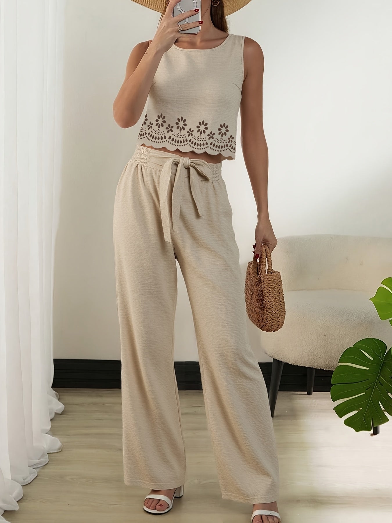 Ensemble deux pièces femme style élégant crop top découpé et pantalon taille haute ample pour printemps/été