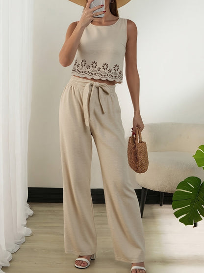 Ensemble deux pièces femme style élégant crop top découpé et pantalon taille haute ample pour printemps/été