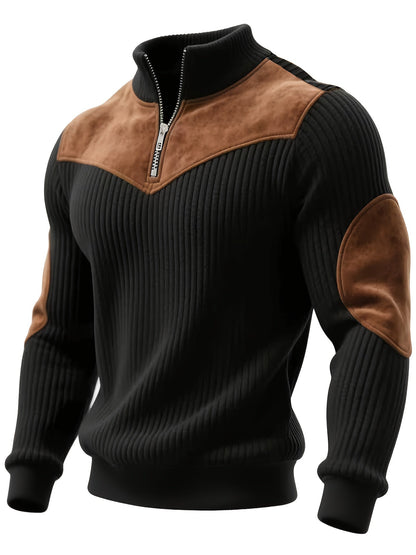 Pull Homme côtelé avec col montant zippé et empiècements suédine