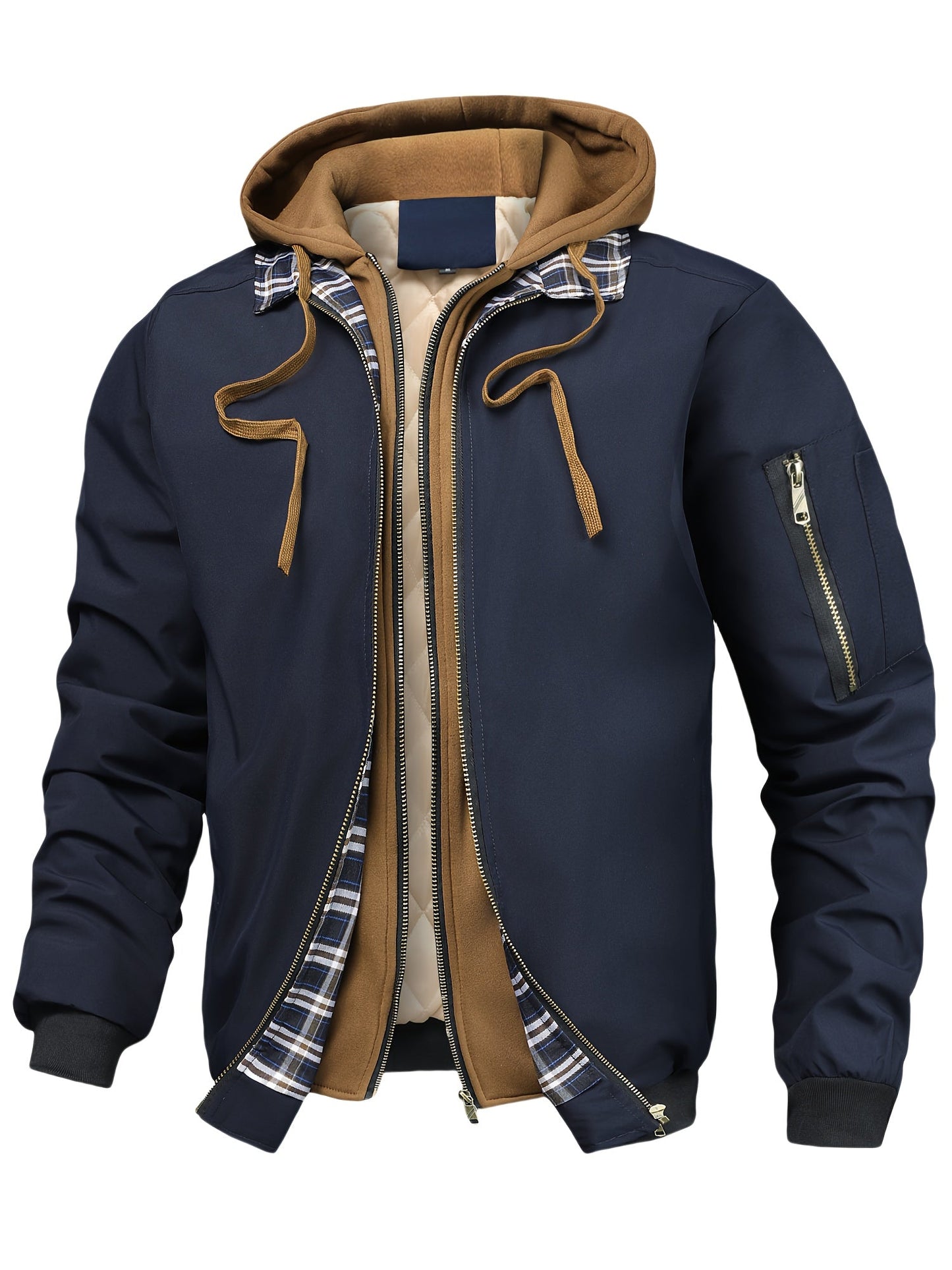 Veste homme style bombardier avec capuche et doublure matelassée amovible, beige