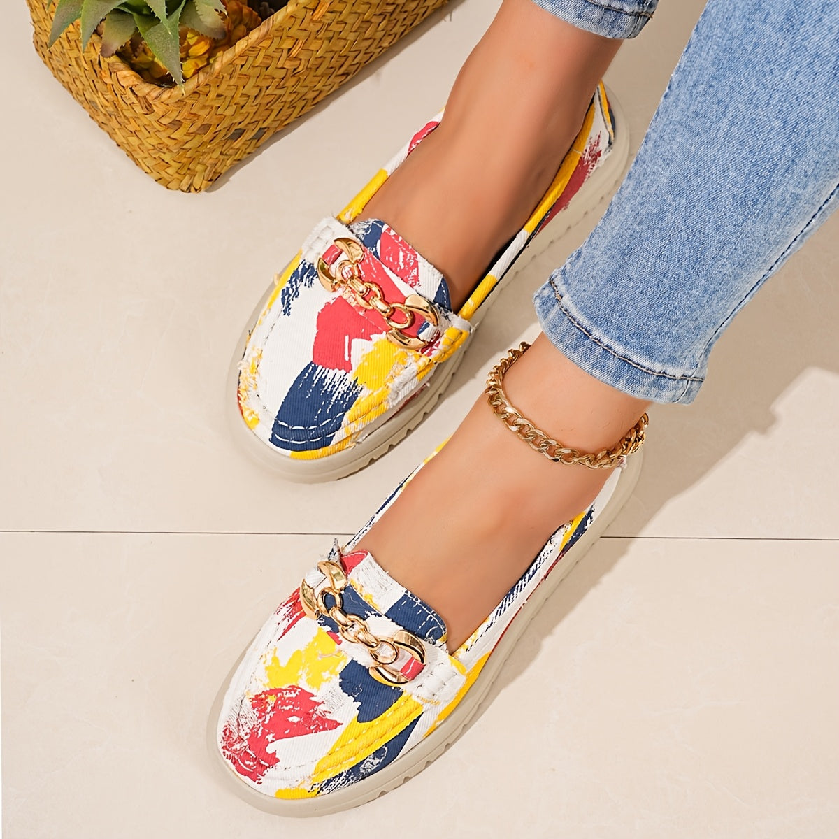 Mocassins Femme Style Décontracté Chic à Enfiler avec Chaîne Décorative – Mode Printemps