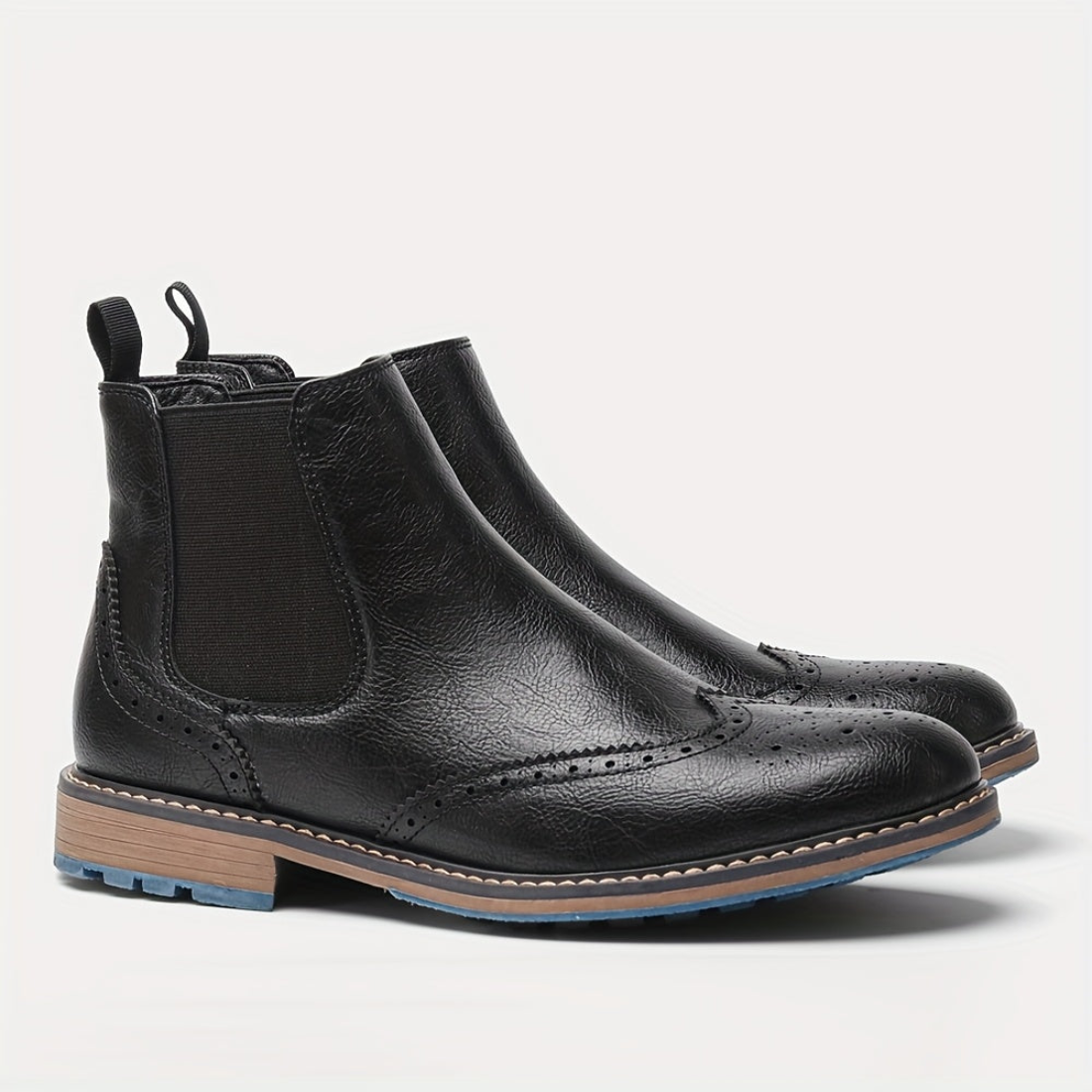 Bottes Chelsea Homme Marron Brogue Détails Perforés Élastiques Latéraux Semelle Bleue