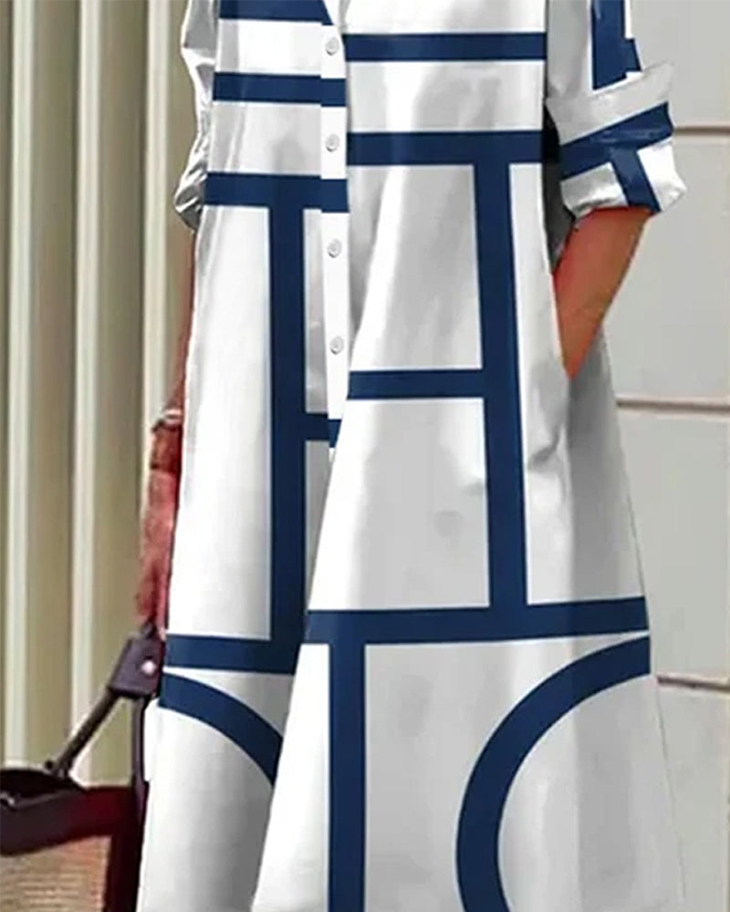 Damska sukienka koszulowa o luźnym kroju z geometrycznym nadrukiem i kieszeniami, styl casual chic