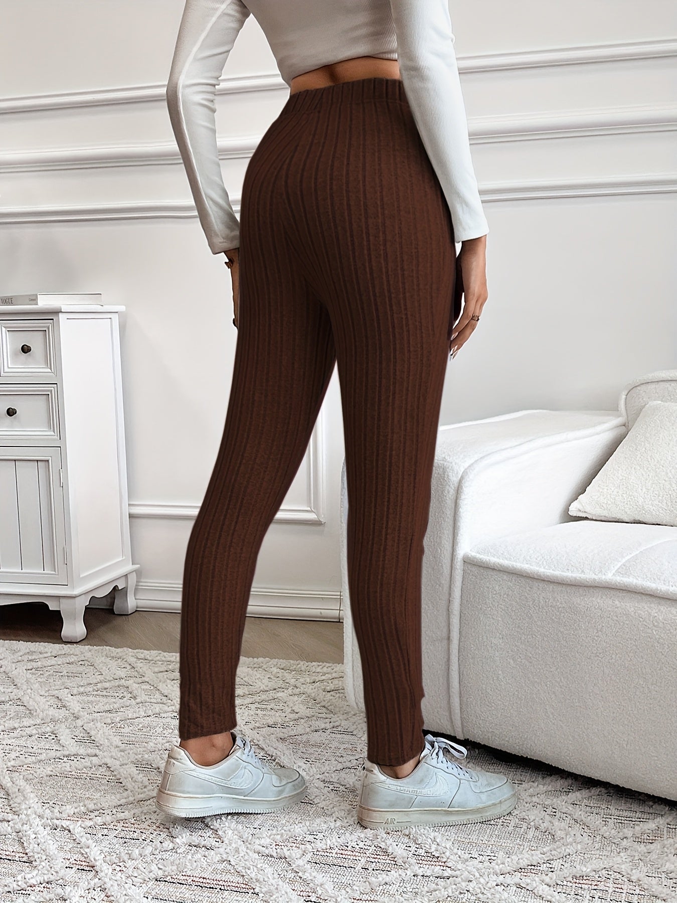 Legging Femme Côtelé Taille Haute Ajustable Confortable Marron Chiné