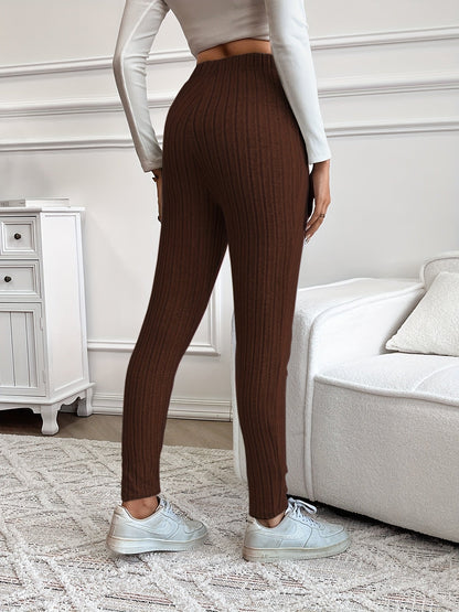 Legging Femme Côtelé Taille Haute Ajustable Confortable Marron Chiné
