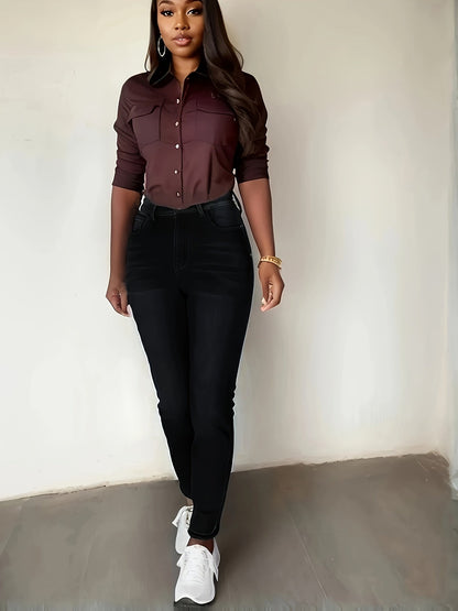 Legging Femme doublé en polaire aspect jean noir taille haute