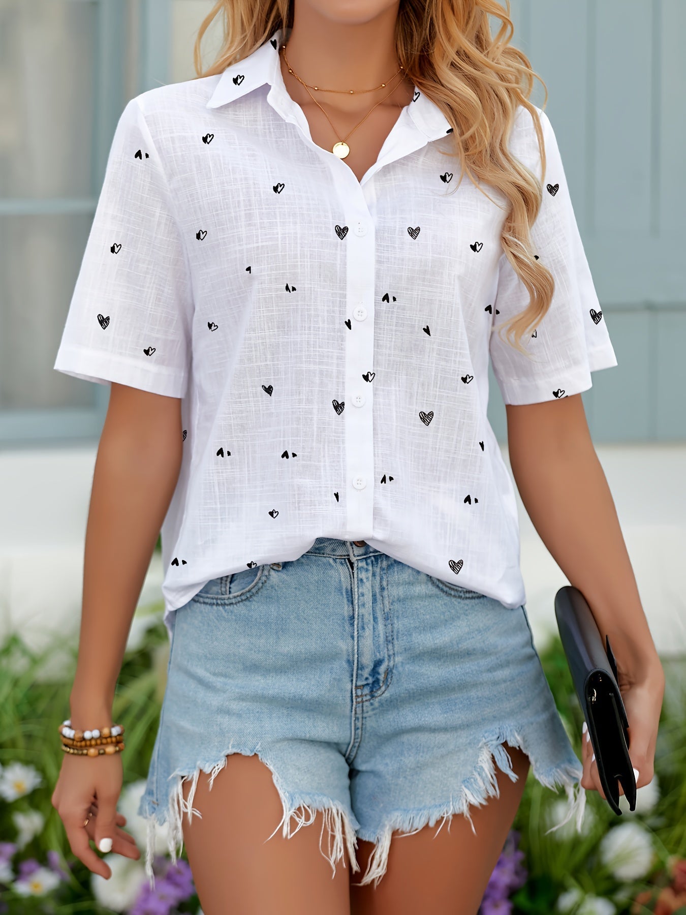 Chemise décontractée à imprimé cœur pour femme – Style estival tendance