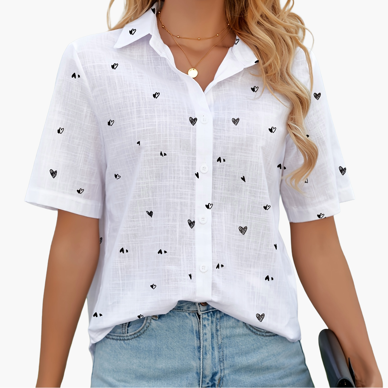 Chemise décontractée à imprimé cœur pour femme – Style estival tendance