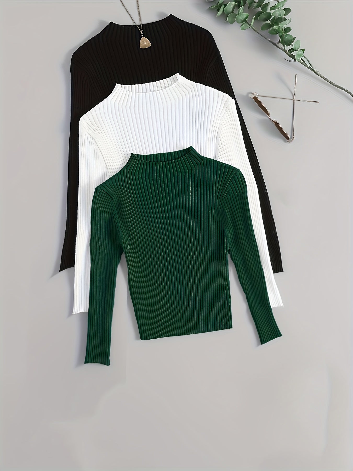 Pull côtelé à col montant pour femme, manches longues
