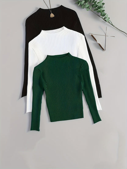 Pull côtelé à col montant pour femme, manches longues