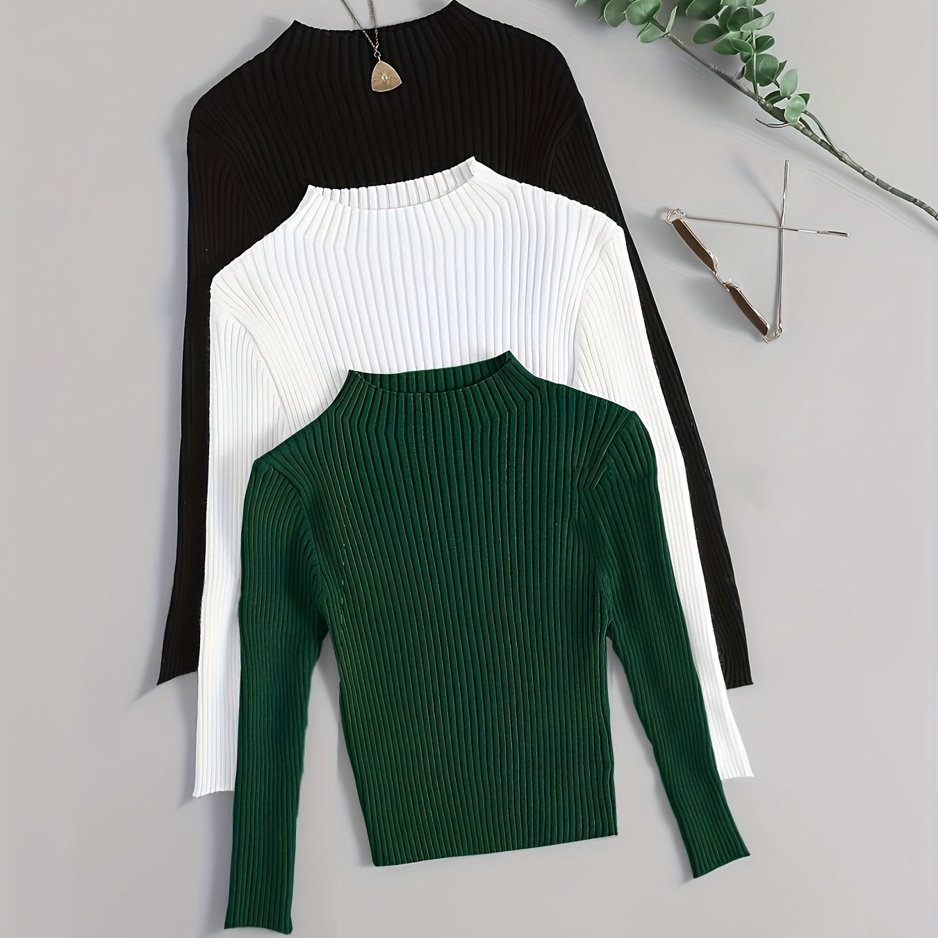 Pull côtelé à col montant pour femme, manches longues