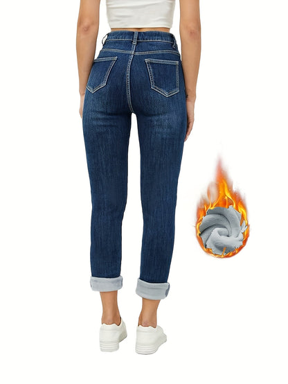 Jean Femme doublé polaire coupe droite bleu foncé chaud