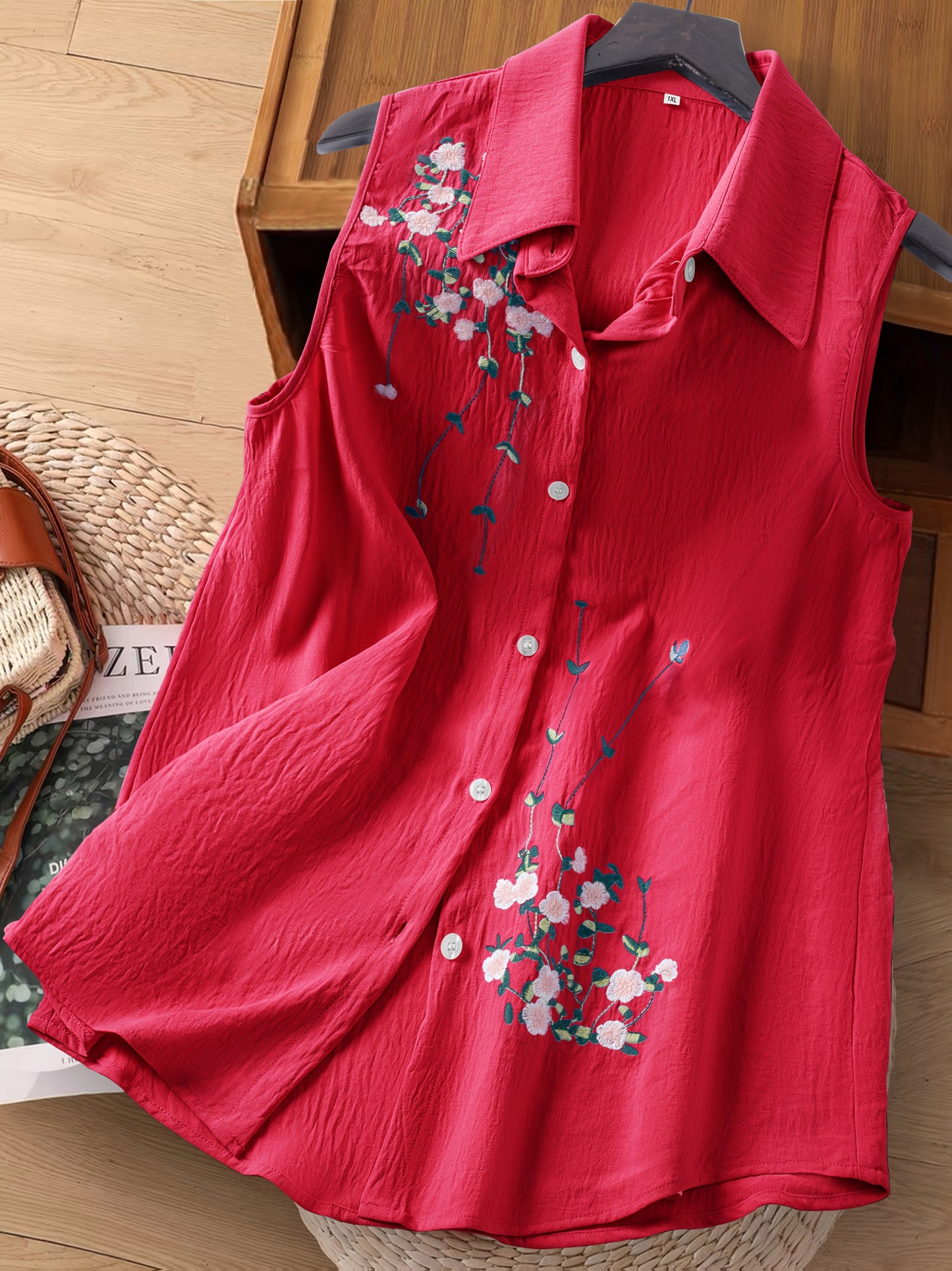 Chemisier sans manches femme style élégant avec broderie florale - Usage quotidien ou bureau