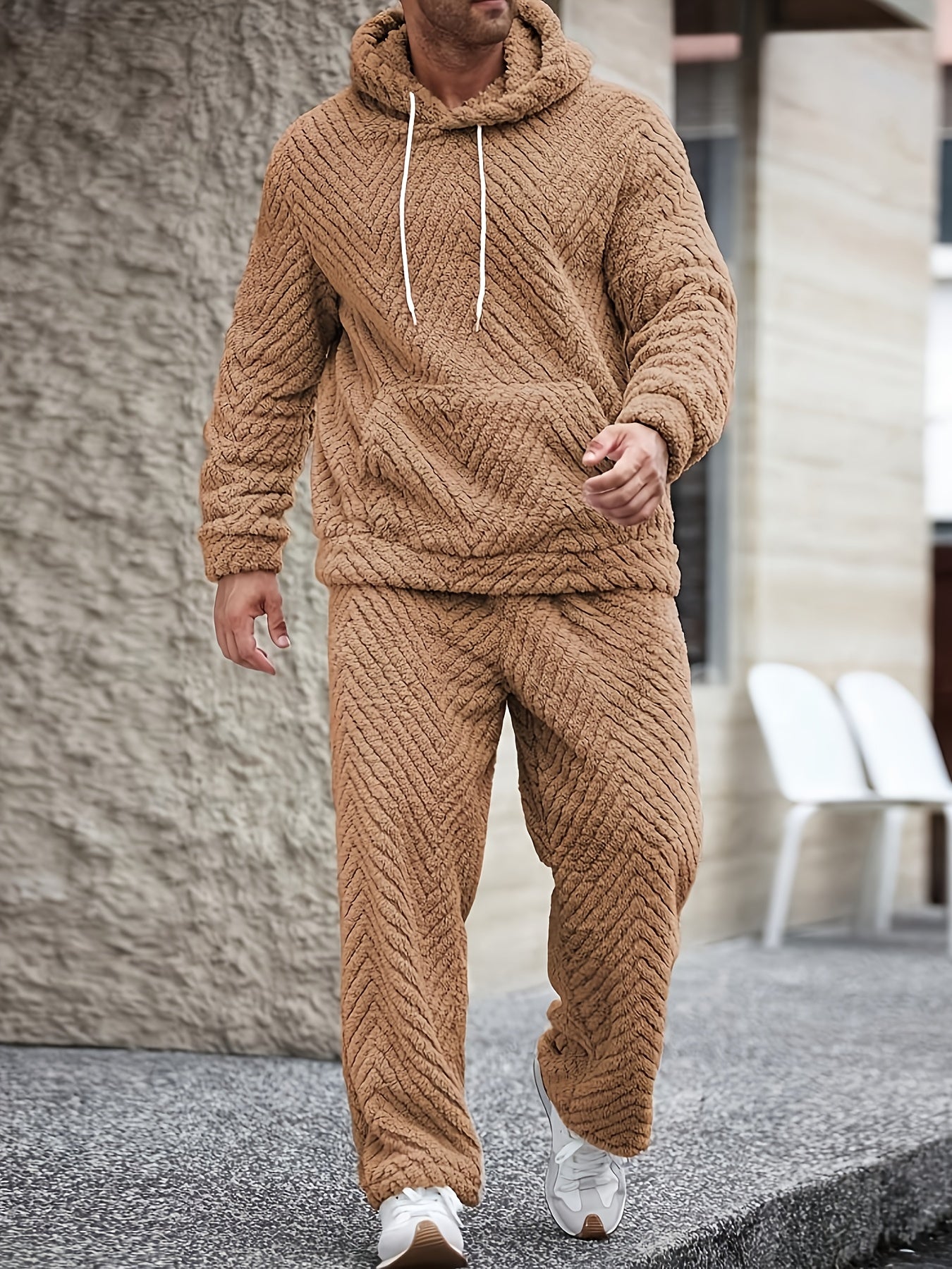 Ensemble Homme Doux Motif Chevrons Capuche Kaki Clair