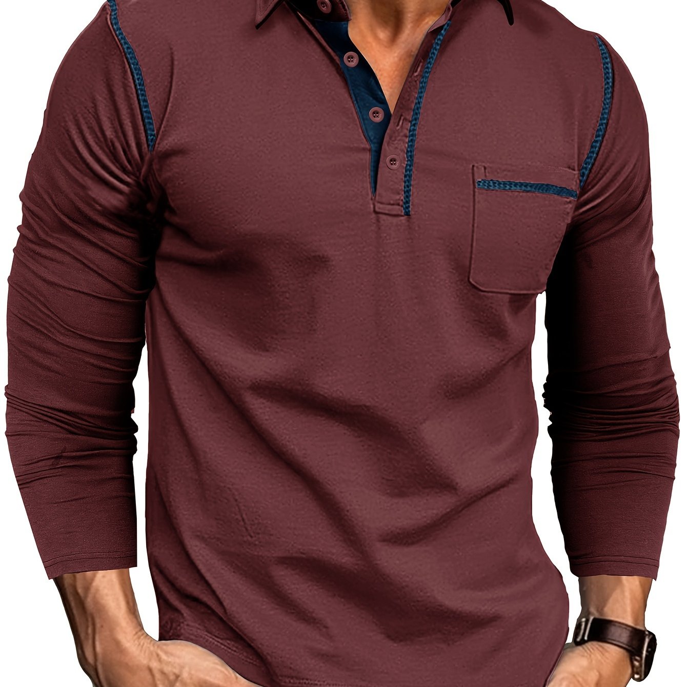 Polo Homme Manches Longues à Col Relevé avec Patte de Boutons et Poches Poitrine Décoratives