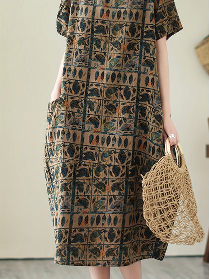 Abito casual a maniche corte da donna stile artistico bohémien ampio con stampa geometrica e botanica