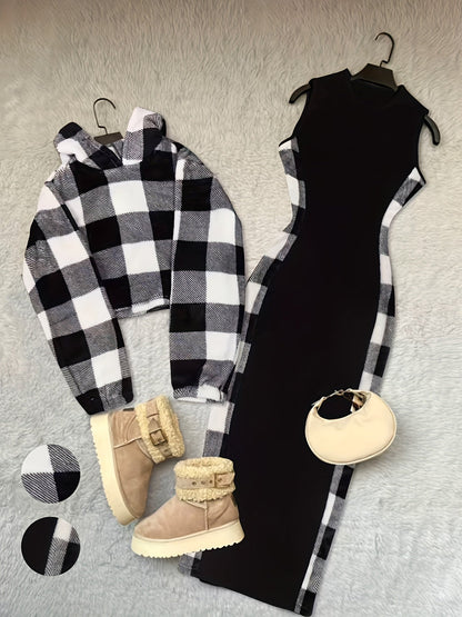 Ensemble robe longue et sweat crop à carreaux noir et blanc Femme