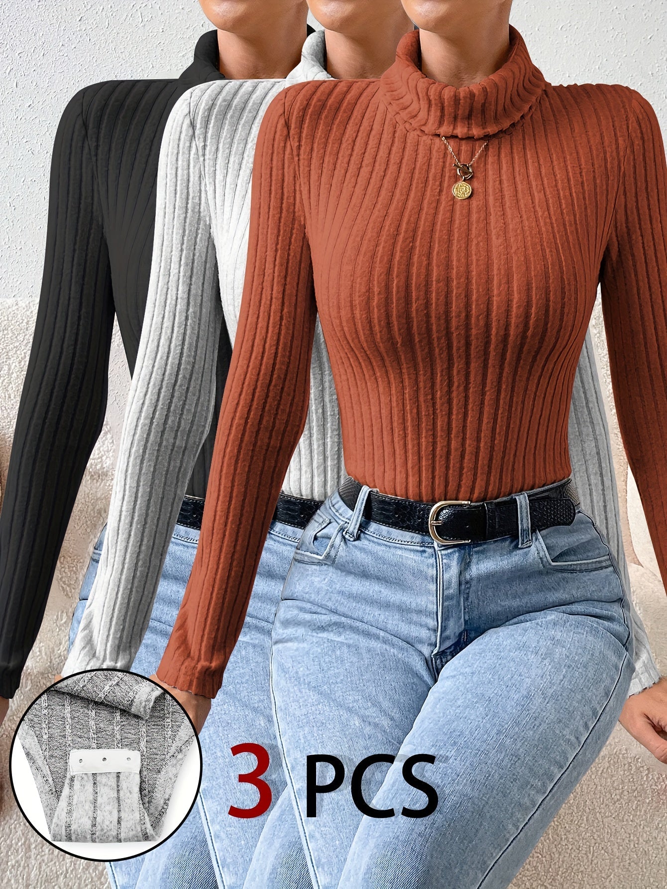 Body côtelé col roulé manches longues femme uni diverses couleurs