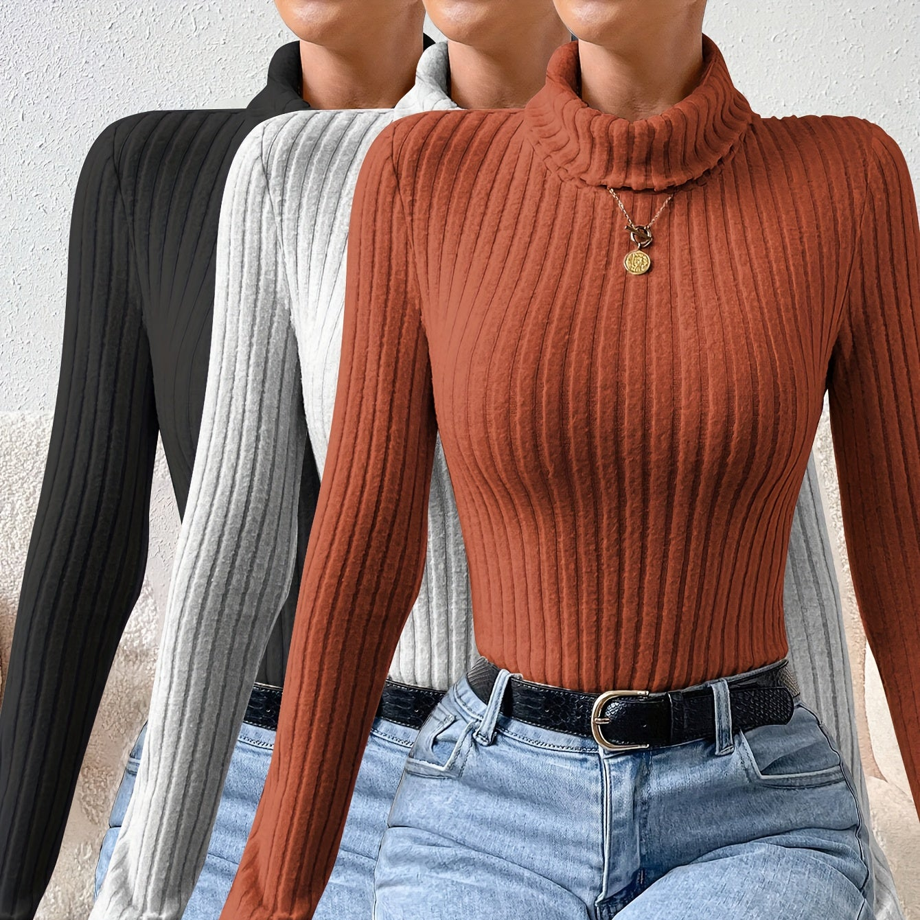 Body côtelé col roulé manches longues femme uni diverses couleurs