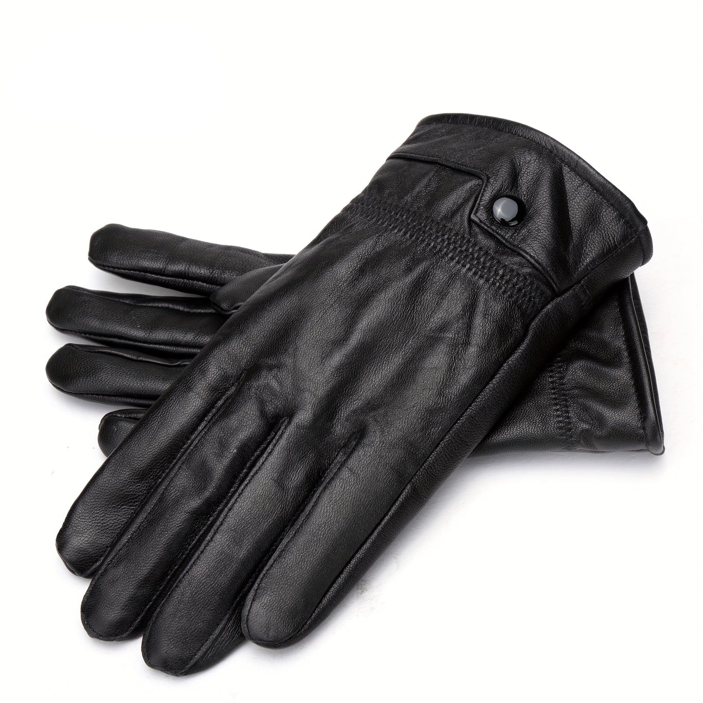 Gants noirs homme à l'aspect cuir, avec poignet élastique et bouton-pression