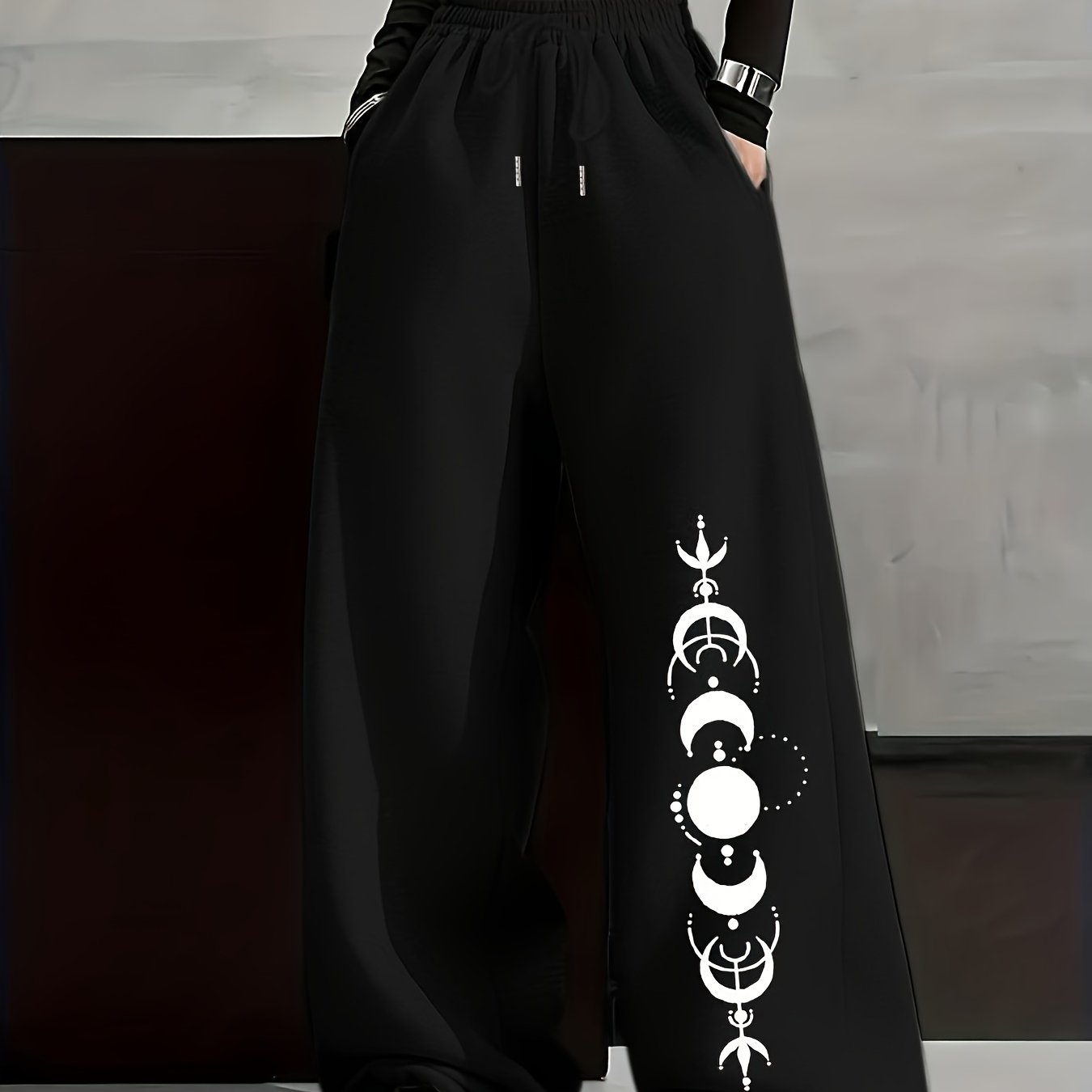 Pantalon large décontracté Femme avec imprimé phases de lune, taille élastiquée et poches