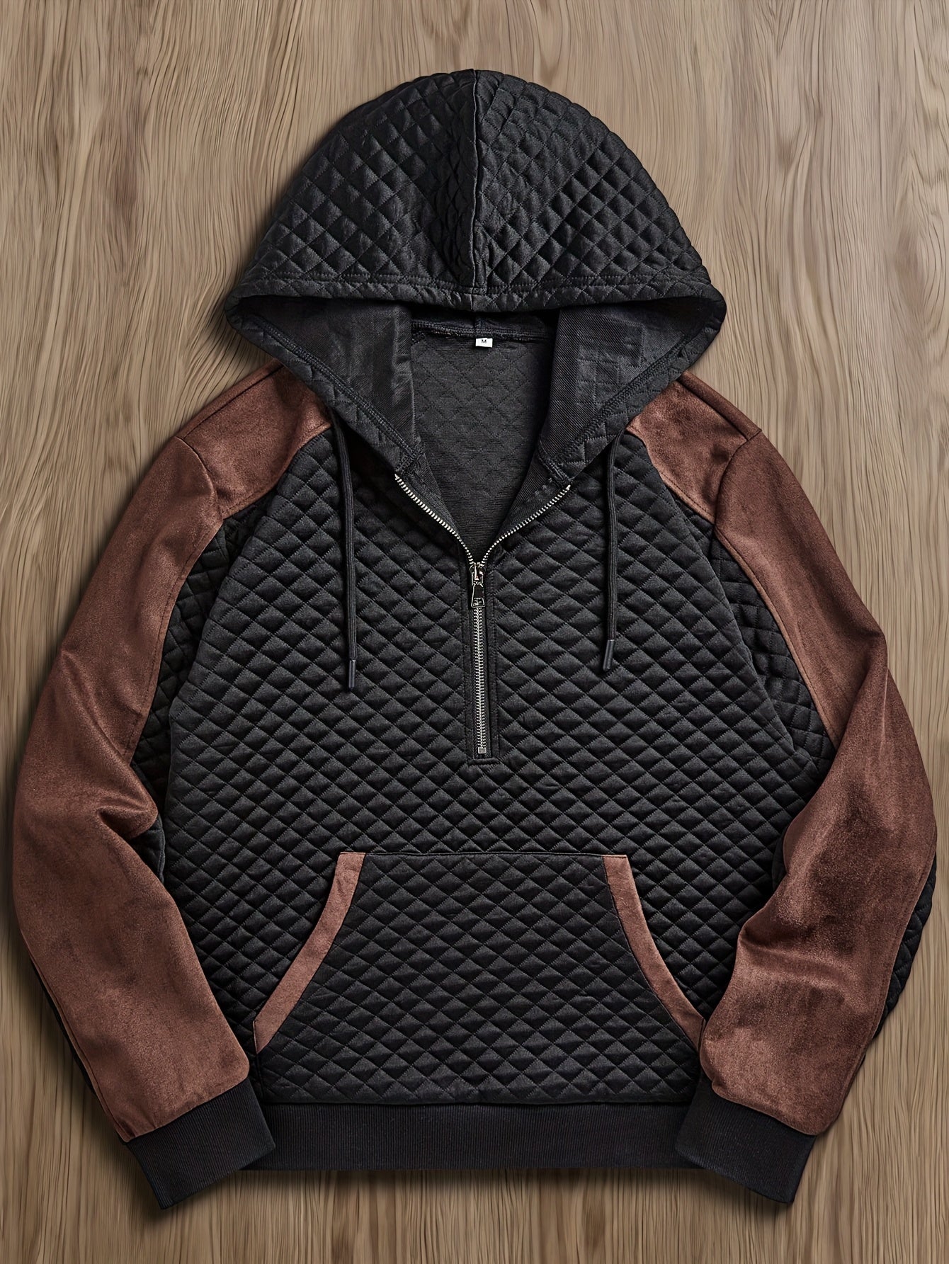 Sweat à Capuche Homme matelassé Noir Marron à Demi-Zip