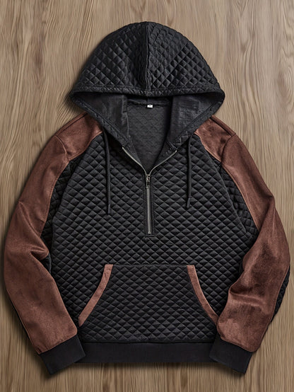 Sweat à Capuche Homme matelassé Noir Marron à Demi-Zip