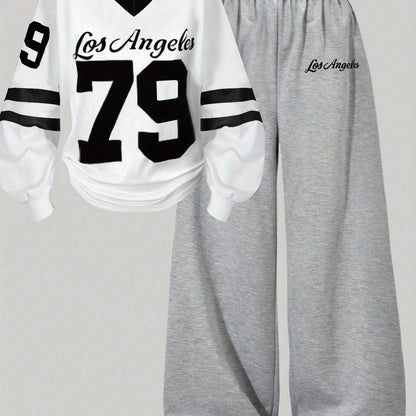 Ensemble Sport Décontracté Femme Col V Manches Longues & Pantalon Large Gris Los Angeles