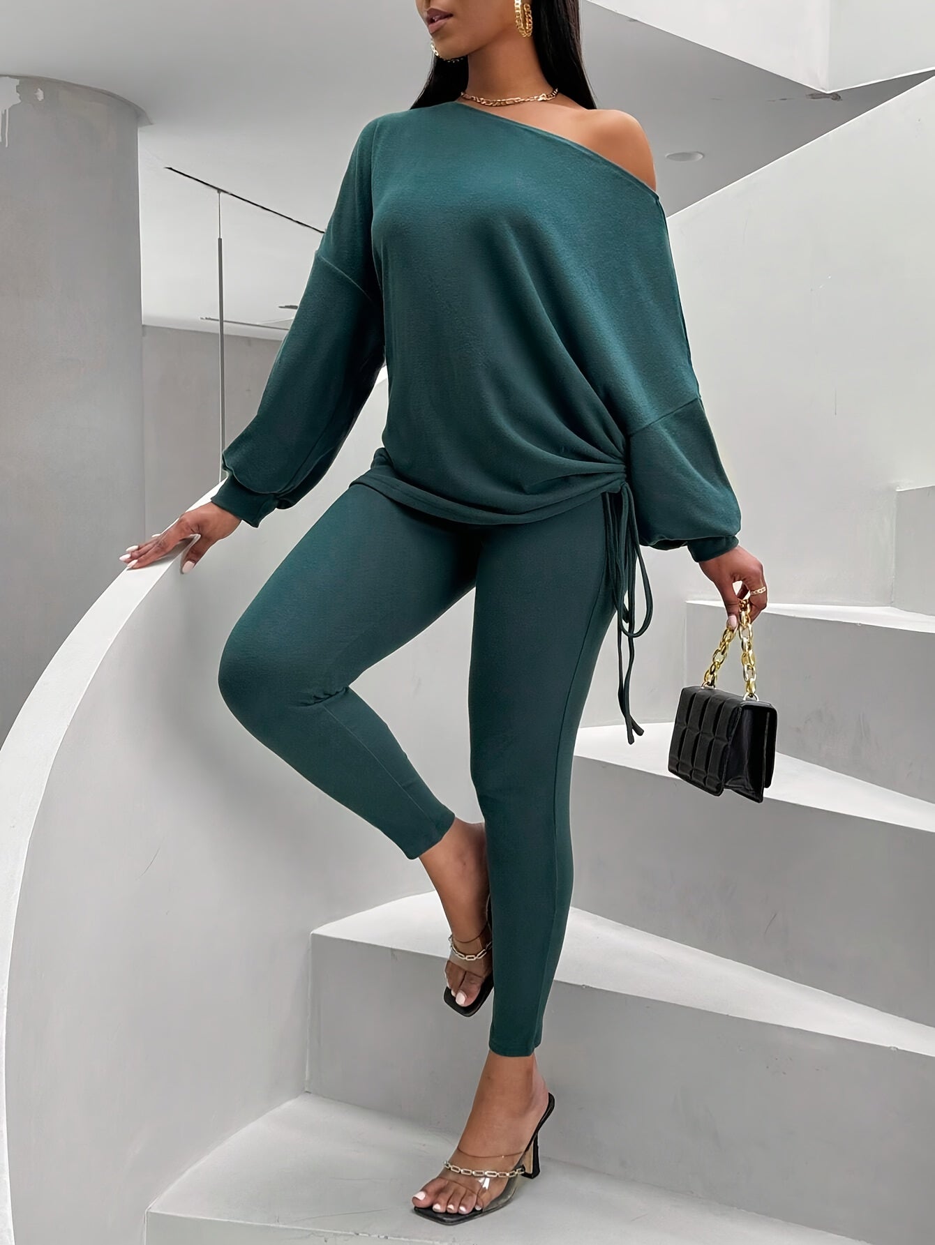 Ensemble pull col bateau et legging côtelé femme vert foncé
