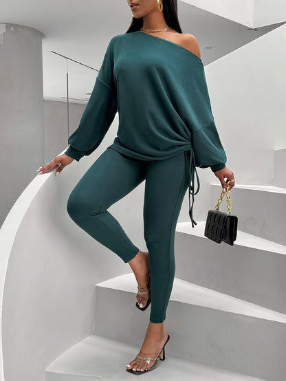 Ensemble pull col bateau et legging côtelé femme vert foncé