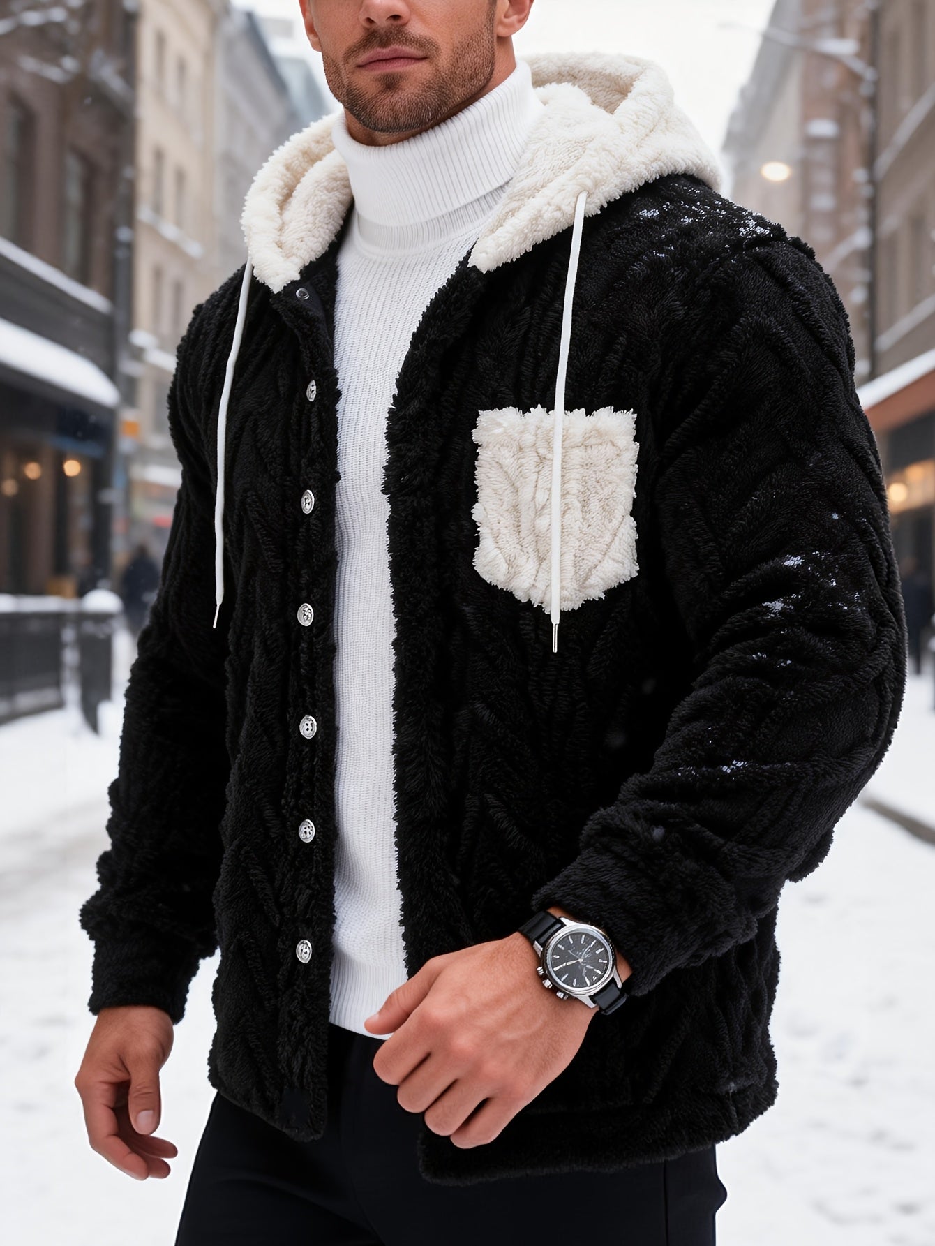 Veste Homme Polaire Sherpa à Capuche Bleu Marine et Poche Poitrine Contrastée