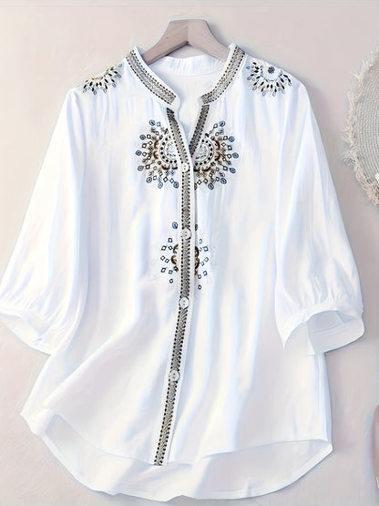 Elegant women's blouse with 3/4 sleeves, boho chic style, embroidered for spring and summer