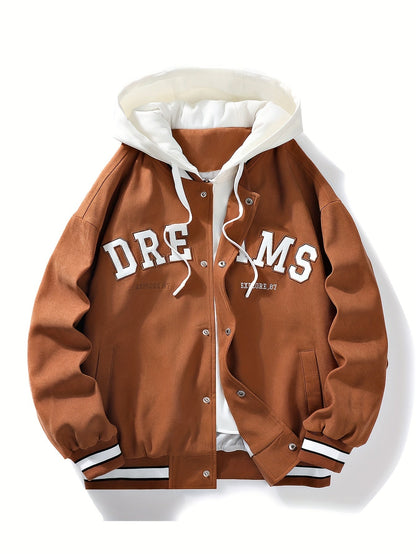 Veste universitaire bicolore blanche et marron pour homme avec capuche et inscription "DREAMS"